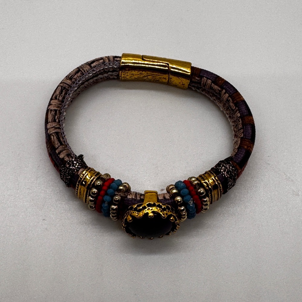 Laura Janelle Magnetic Wrap Bracelet Boho Multi Strand Beaded Purple Cabochon - Picture 2 of 7